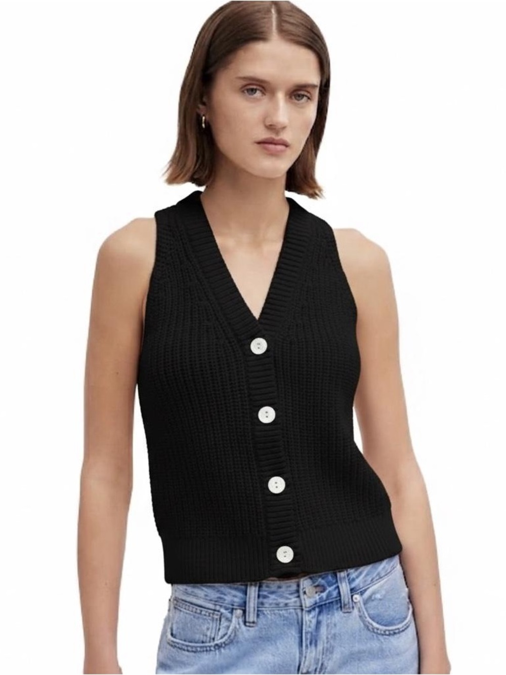 MADEWELL Cutaway  Sleeveless Black V-Neck‎ Button Front Knit Sweater Vest Sz XS
